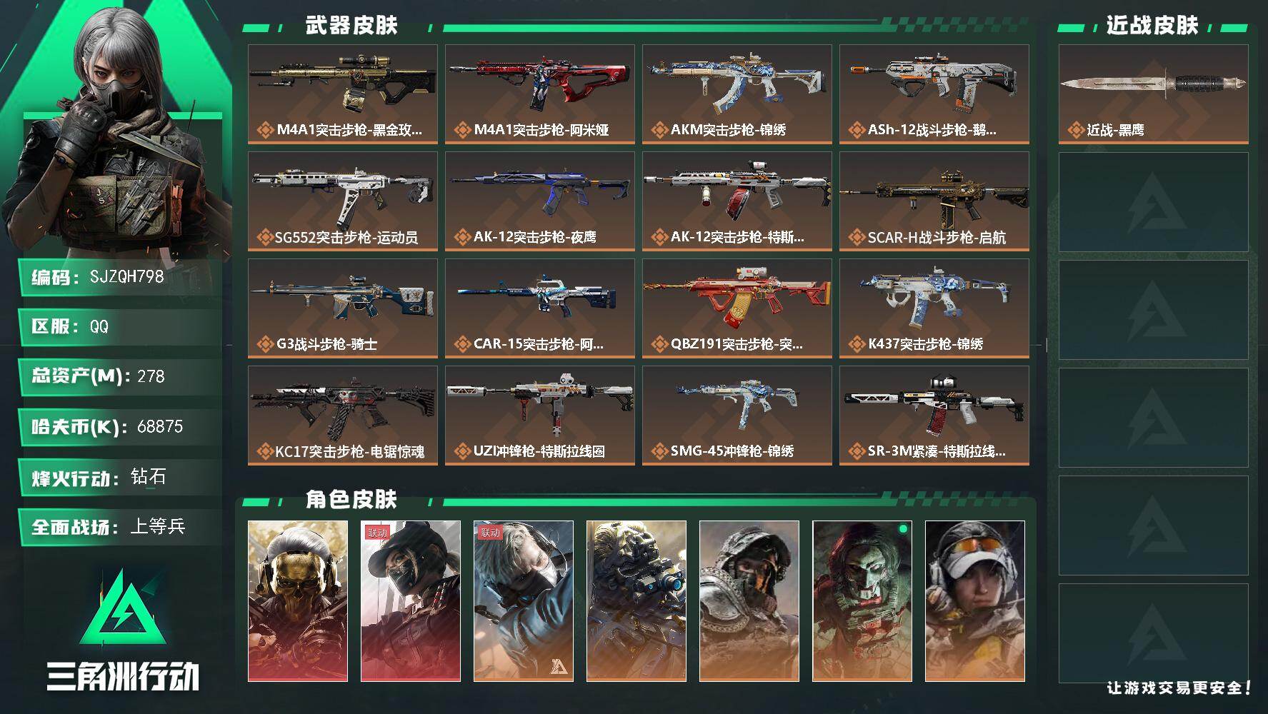 三角洲行动账号QQ【SJZQH798】总资产(M)：278M/哈夫币(K)：68875K/哈夫币(K)：68875K/传说枪皮数：28/全面战场等级：21_段位：上等兵/烽火地带等级：60_段位：钻石/红狼-蚀金玫瑰