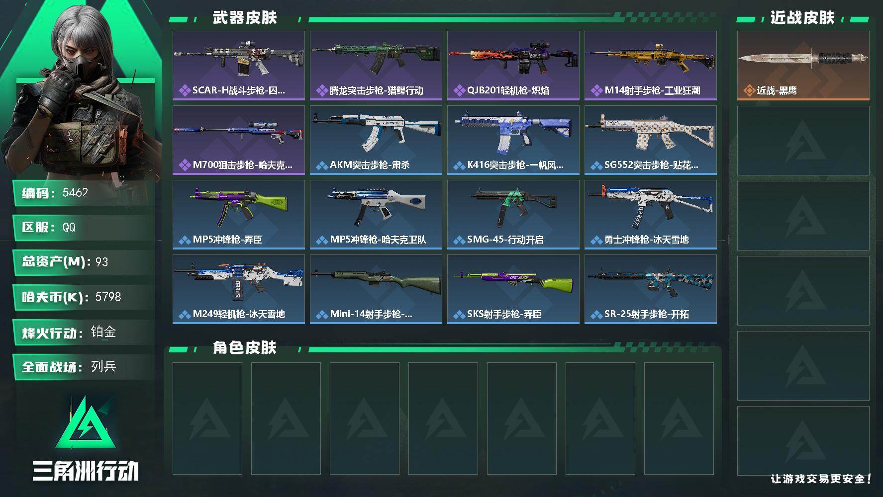 三角洲行动账号QQ总资产(M)：93M/哈夫币(K)：5798K/哈夫币(K)：5798K/全面战场等级：15_段位：