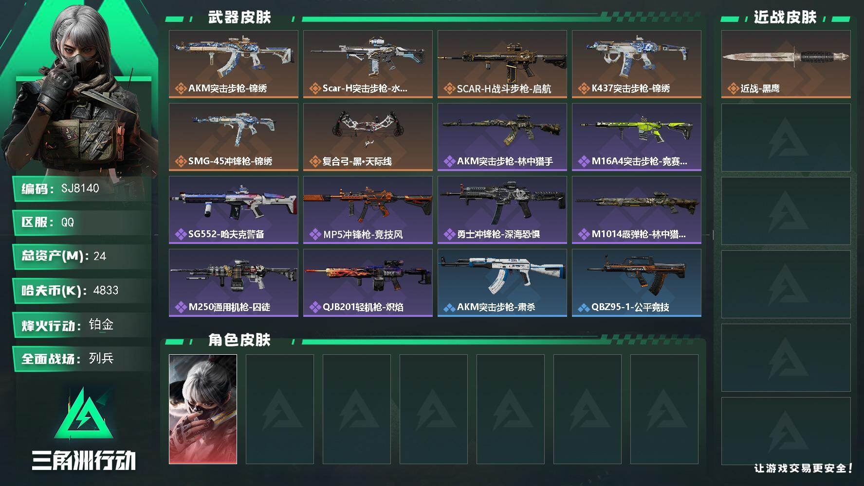 三角洲行动账号QQ【SJ8140】总资产(M)：24M/哈夫币(K)：4833K/哈夫币(K)：4833K/传说枪皮数：6/全面战场等级：18_段位：列兵/烽火地带等级：47_段位：铂金/骇爪-水墨云图/近战-黑鹰/