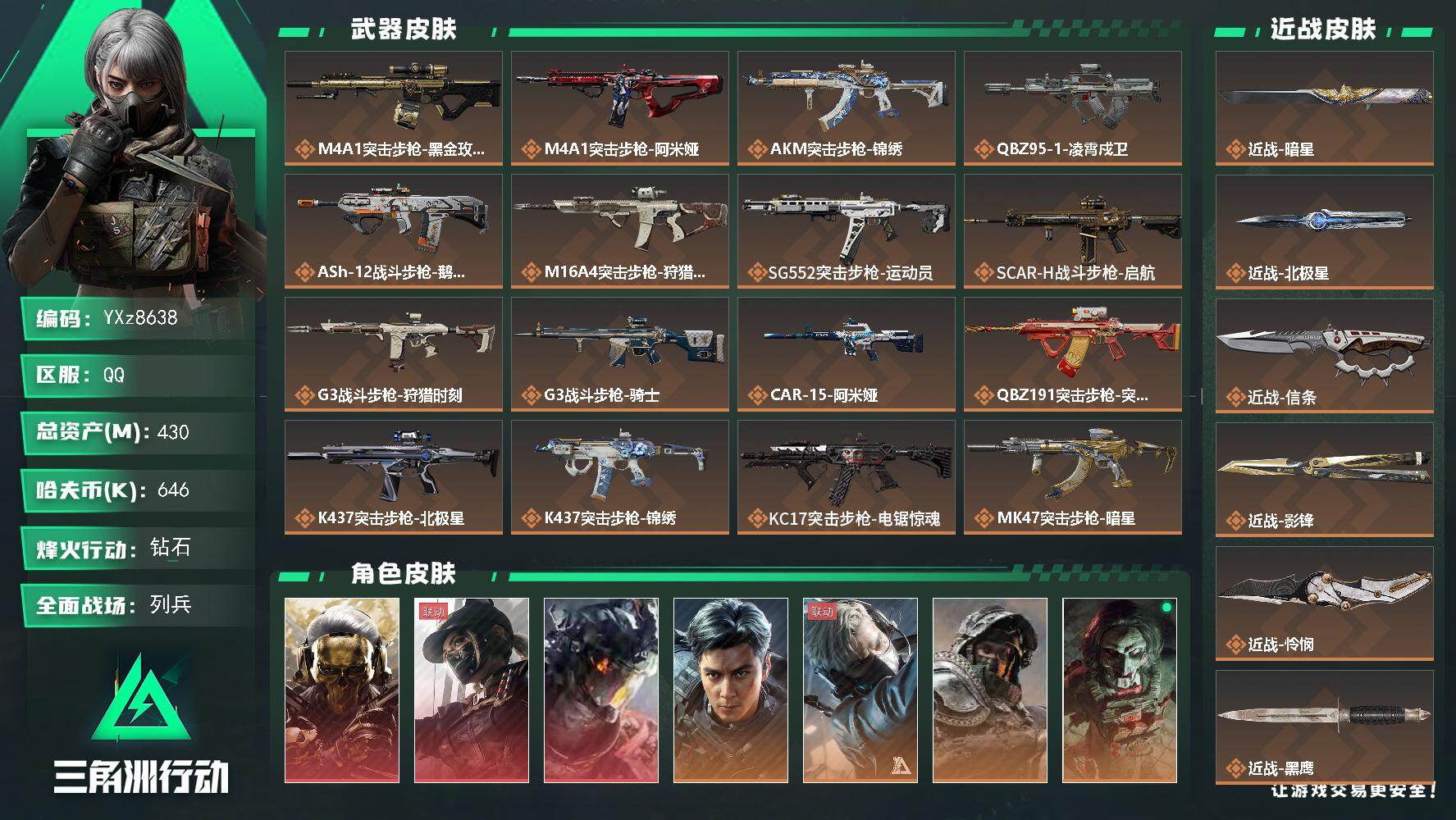 三角洲行动账号QQ【高氪金土豪号-三红皮+五刀皮+飞虎】【北极星.怜悯.影锋.暗星.信条.蚀金玫瑰.凌霄戍卫.黑天际线