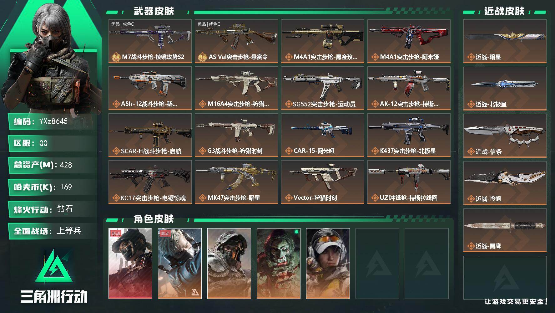 三角洲行动账号QQ【高氪金土豪号-一红皮+四刀皮+二典藏皮肤】【北极星.怜悯.信条.暗星.黑天际线】
【Q区三端互通】