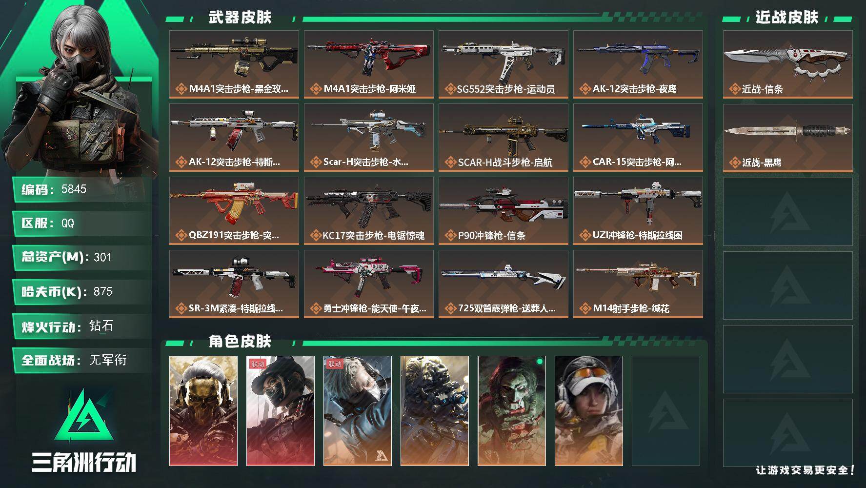 三角洲行动账号QQ总资产(M)：301M/哈夫币(K)：875K/哈夫币(K)：875K/传说枪皮数：24/全面战场等