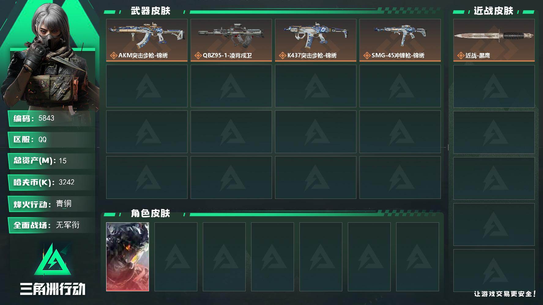 三角洲行动账号QQ总资产(M)：15M/哈夫币(K)：3242K/哈夫币(K)：3242K/传说枪皮数：4/全面战场等