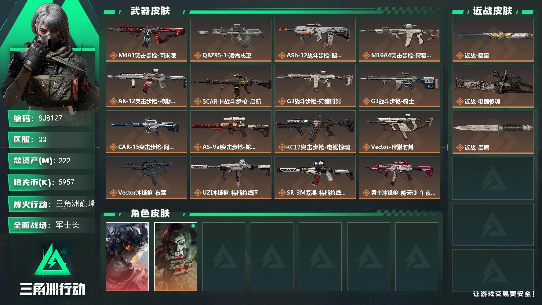 三角洲行动账号QQ【SJ8127】总资产(M)：222M/哈夫币(K)：5957K/哈夫币(K)：5957K/传说枪皮