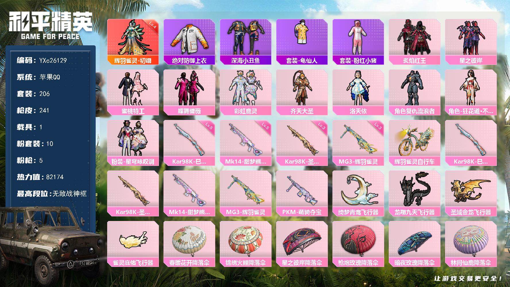 和平精英账号苹果QQ1载具-206套装-241枪皮-【战神框 4级初翊 巡查衣 双马尾 满地铁天赋】YXc26129-【