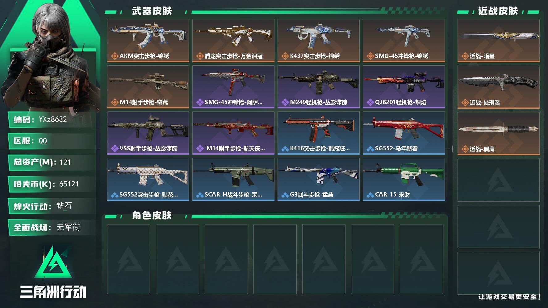 三角洲行动账号QQ【刀皮暗星+总资产121M】【Q区三端互通】【无二次】YXz8632-特勤处：仓库6级/靶场2级/训