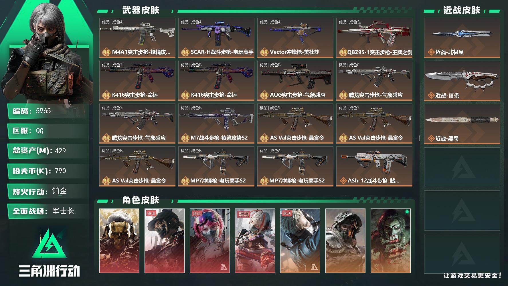 三角洲行动账号QQ总资产(M)：429M/哈夫币(K)：790K/哈夫币(K)：790K/全面战场等级：50_段位：军