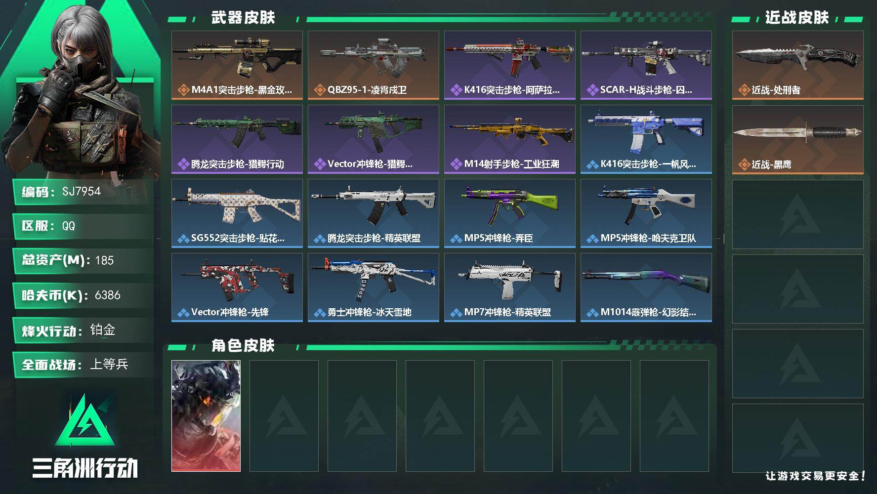 三角洲行动账号QQ【SJ7954】总资产(M)：185M/哈夫币(K)：6386K/哈夫币(K)：6386K/传说枪皮