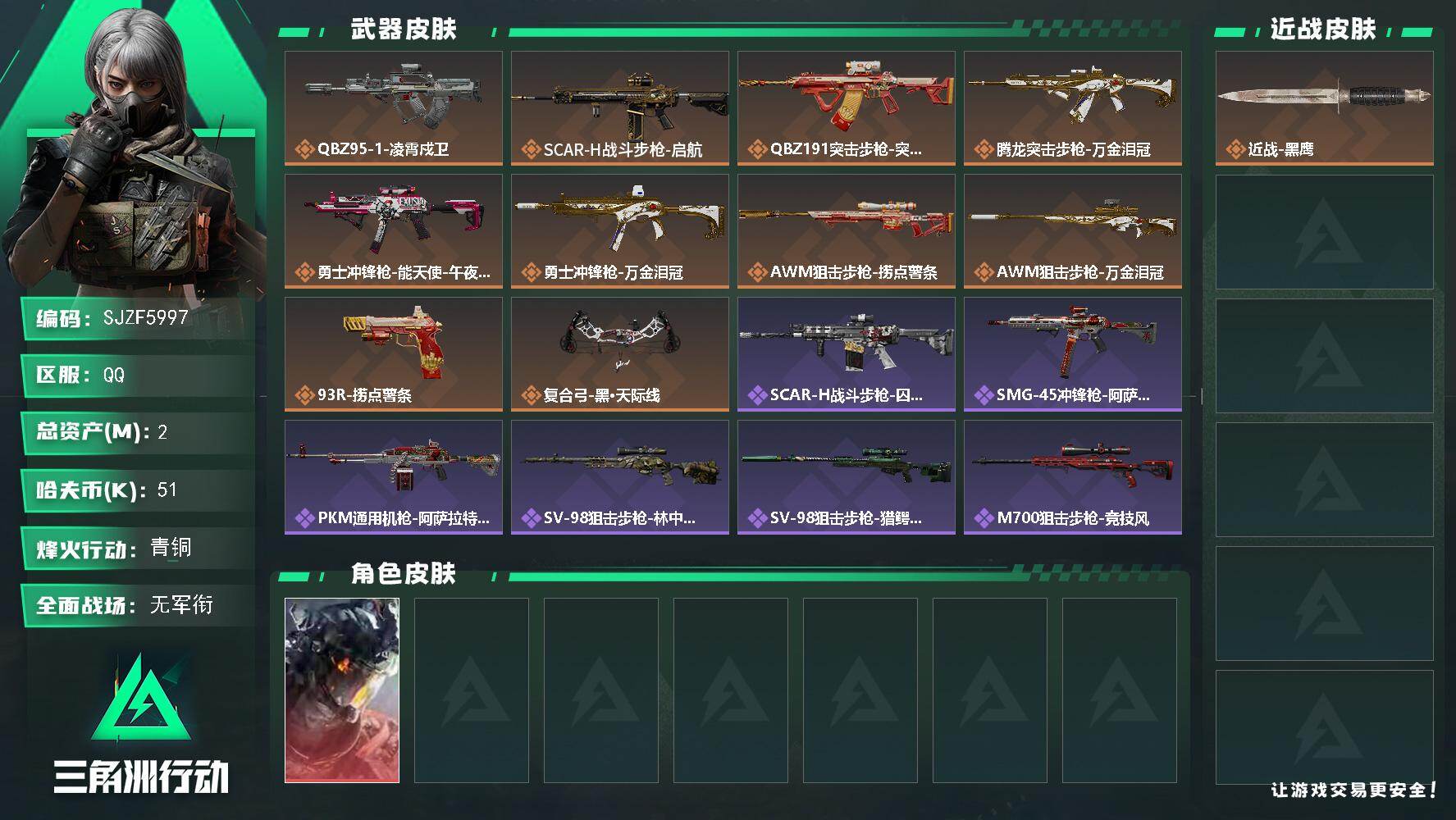 三角洲行动账号QQ【SJZF5997】总资产(M)：2M/哈夫币(K)：51K/哈夫币(K)：51K/传说枪皮数：10