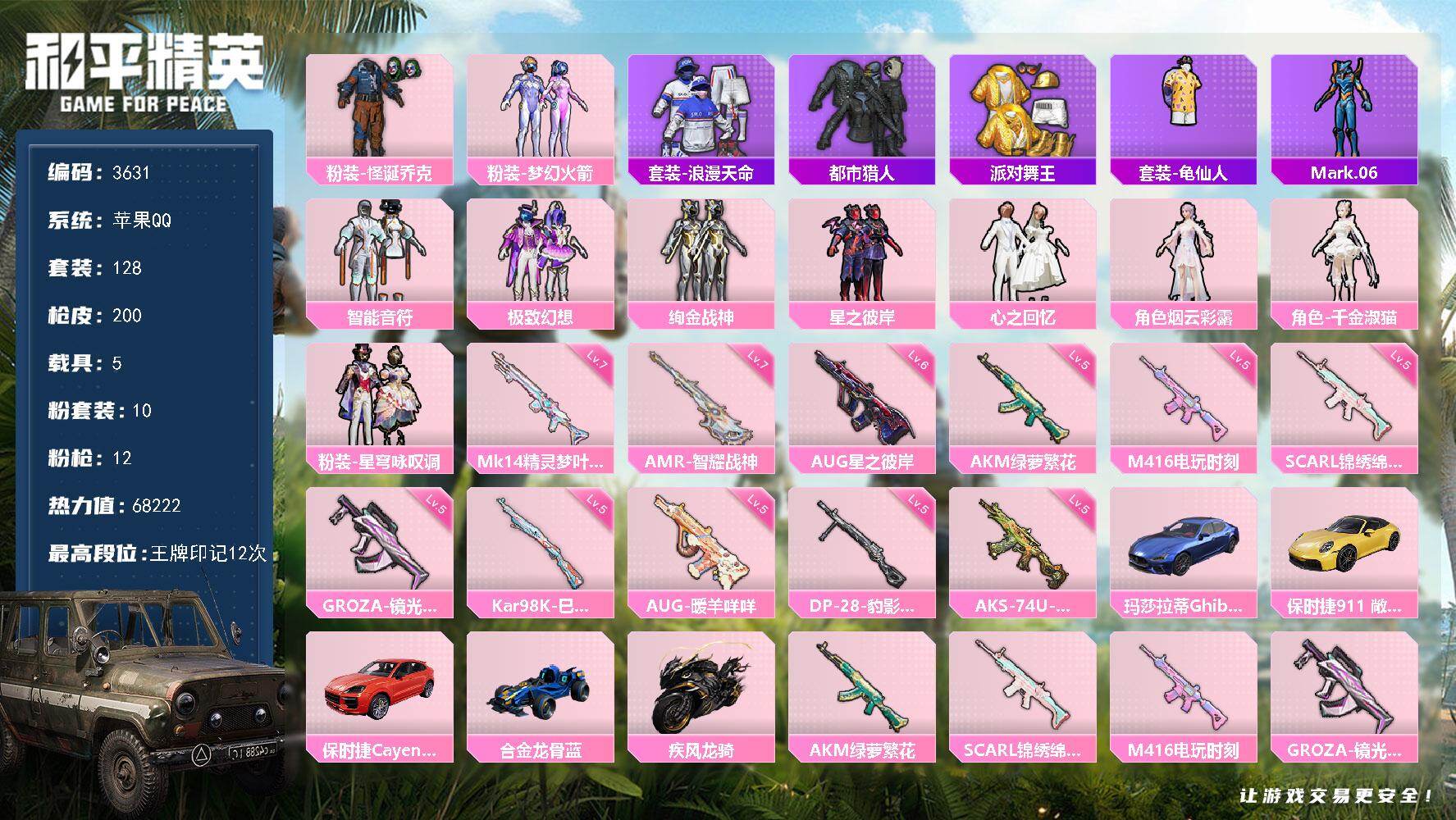 和平精英账号苹果QQ5载具-128套装-200枪皮-128套装/枪械12/装备270/载具5/战备143/王牌印记12/