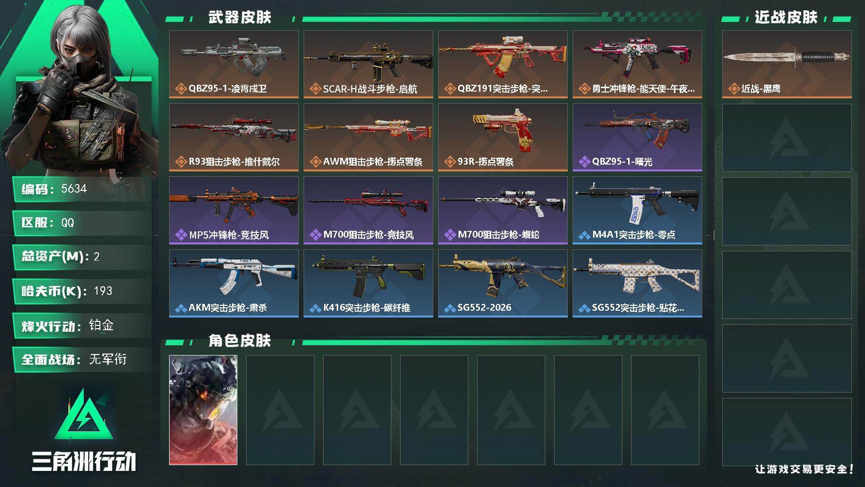三角洲行动账号QQ总资产(M)：2M/哈夫币(K)：193K/哈夫币(K)：193K/传说枪皮数：7/全面战场等级：1