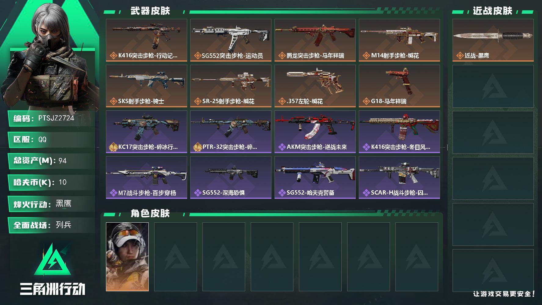 三角洲行动账号QQ【PTSJZ2724】总资产(M)：94M/哈夫币(K)：10K/哈夫币(K)：10K/传说枪皮数：