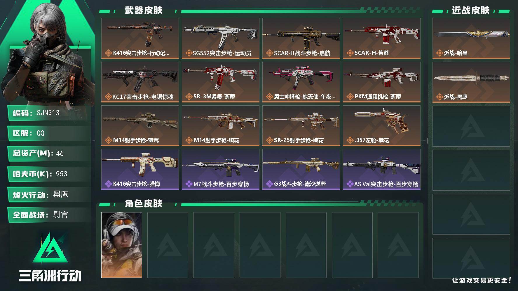 三角洲行动账号QQ【SJN313】总资产(M)：46M/哈夫币(K)：953K/哈夫币(K)：953K/传说枪皮数：1