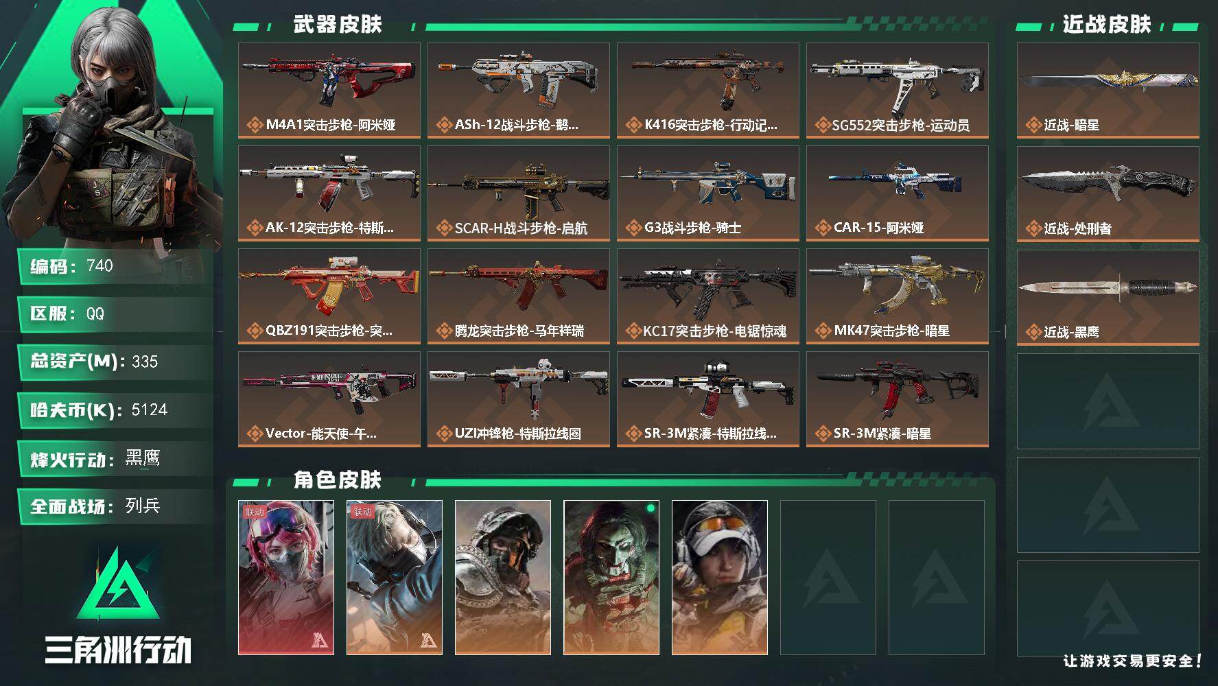 三角洲行动账号QQ335m总资产-5124k哈伏币-60烽火等级-黑鹰-13战场等级-列兵
【干员外观】：蛊-能天使午