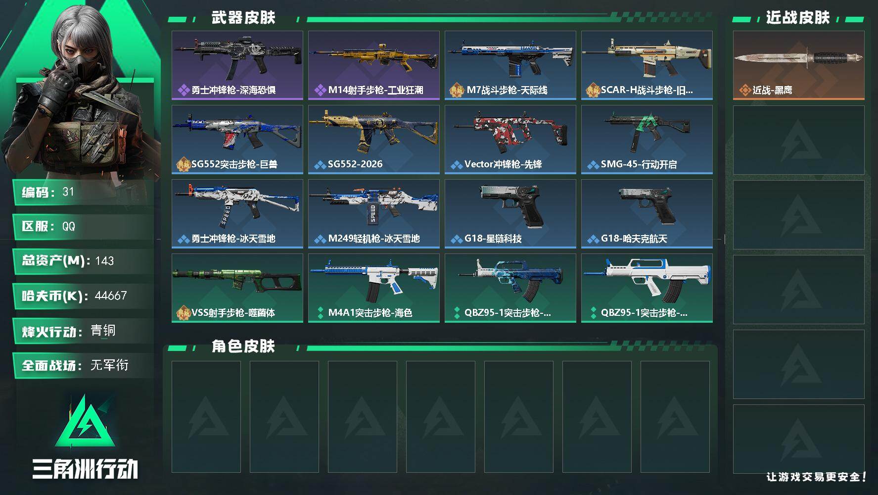 三角洲行动账号QQ【注册的小号很快有二次实名！超多大红3*3已经到4阶段可以包人脸】
143m总资产-44667k哈伏