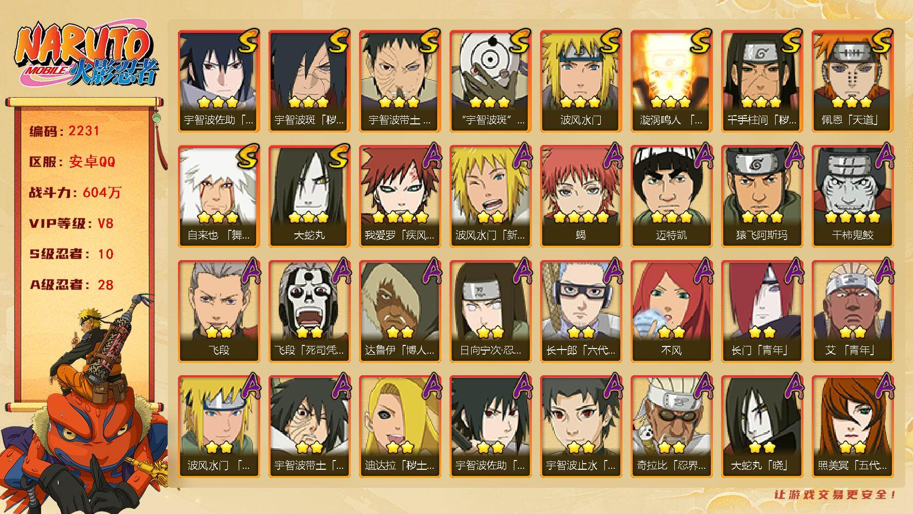 火影忍者账号安卓QQ（可免费转苹果）v8,604w战力，10S级忍者数-28A级忍者数，卡卡西51片，罗砂70片，热门A,新春止水，新春水门，暴怒带土等。ME2154
【S级忍者】：千手柱间「秽土转生」(3星)，宇智波