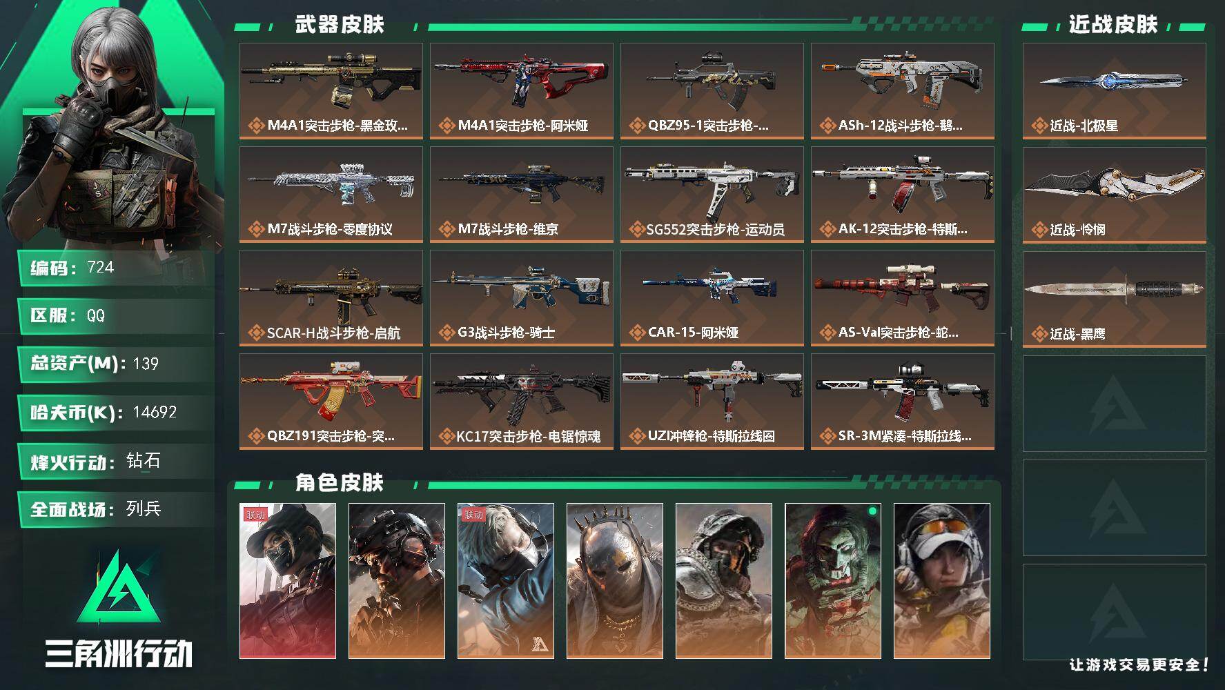 三角洲行动账号QQ139m总资产-14692k哈伏币-60烽火等级-钻石-34战场等级-列兵
【干员外观】：露娜-黑·