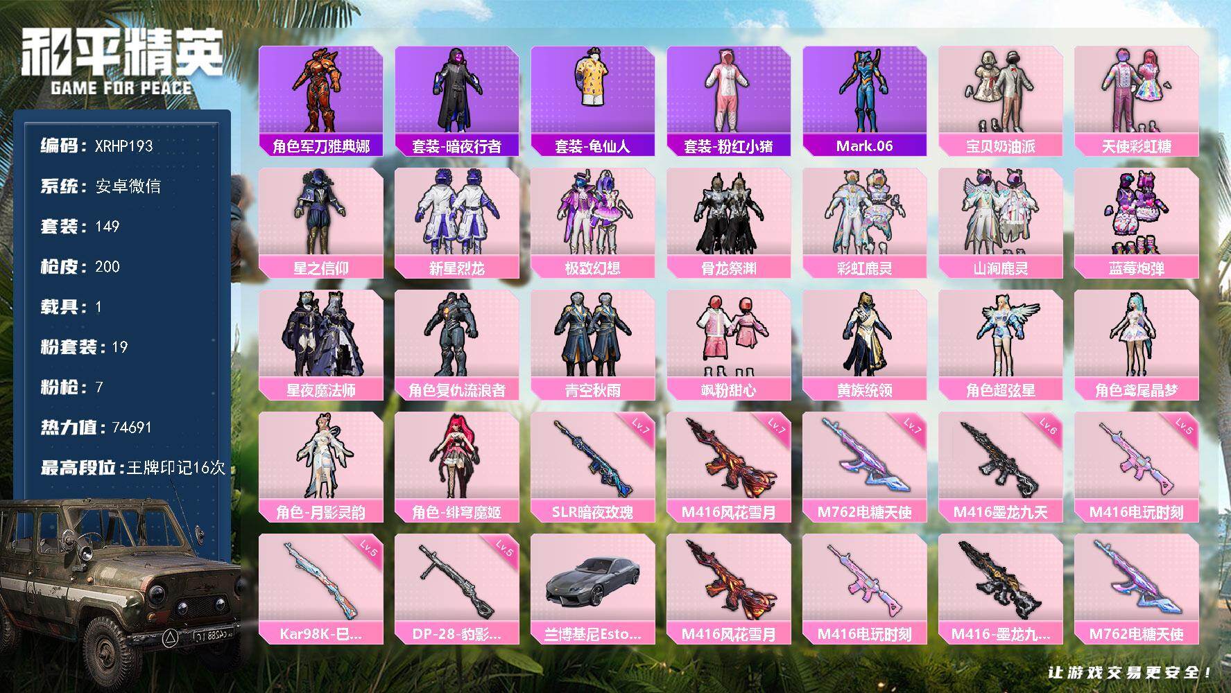 和平精英账号安卓微信【XRHP193】149套装/枪械7/装备329/载具1/战备135/王牌印记16/热力值74691/七级M416-风花雪月/五级M416-电玩时刻/六级M416-墨龙九天/七级M762-电糖天使/