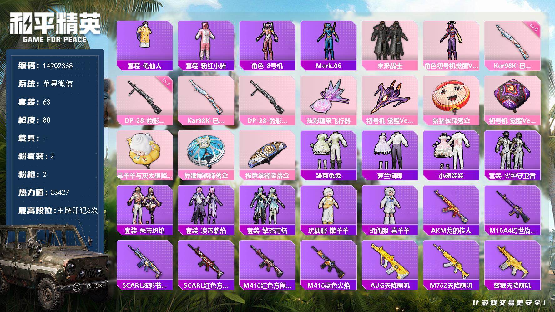 和平精英账号苹果微信0载具-63套装-80枪皮-DFZ292 苹果 微信-2粉装-2特效枪-0载具-2粉色飞行器-234