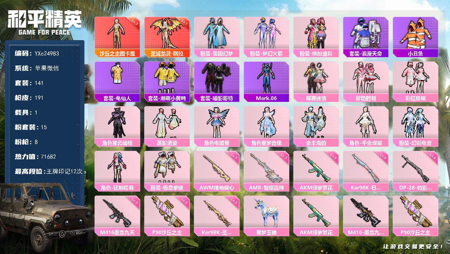 和平精英账号苹果微信1载具-141套装-191枪皮-【3级图卡盟 瑞拉 还 雪国 猪妹 馨动 兔兔 哥特】YXc2498