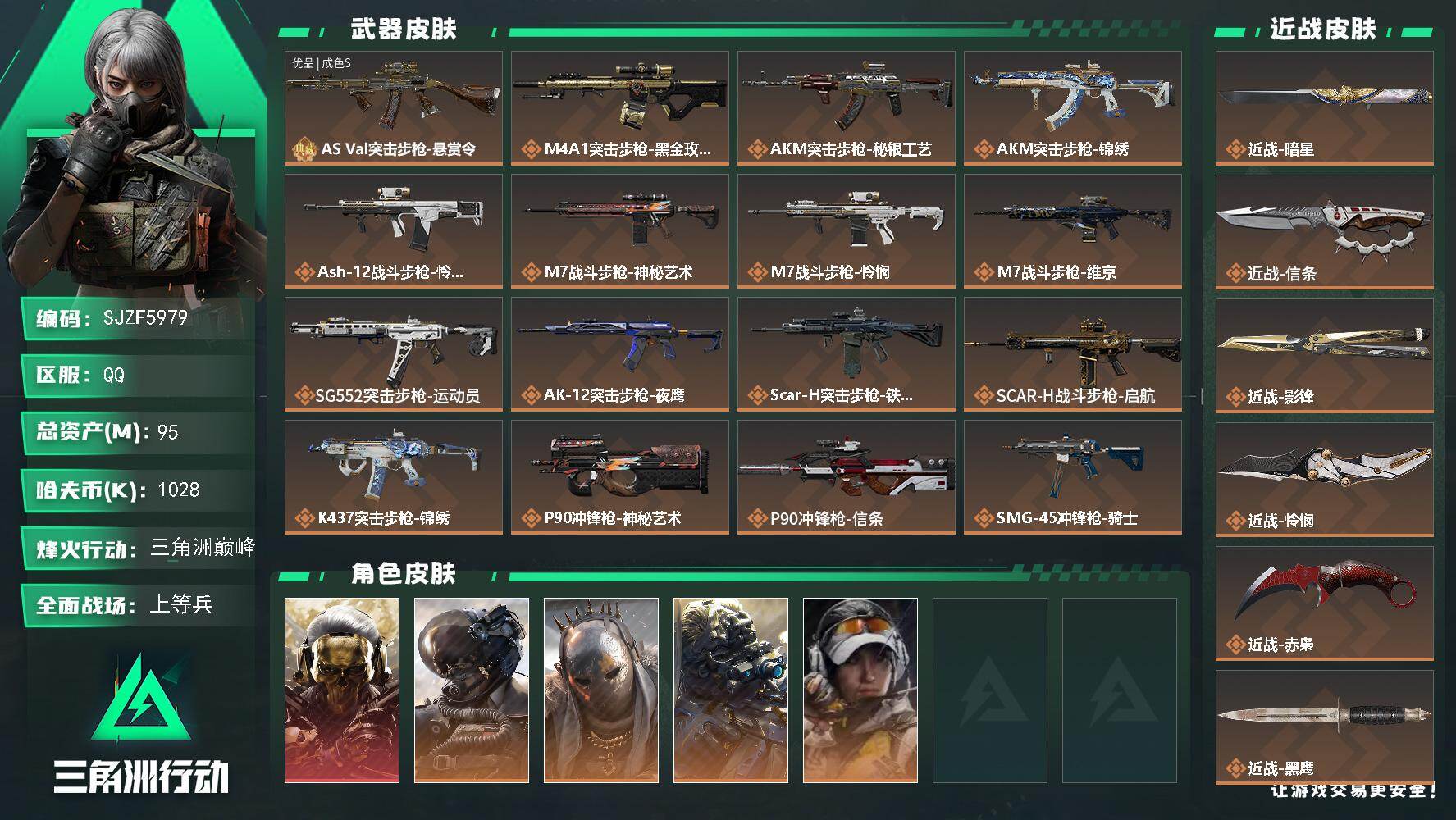 三角洲行动账号QQ【SJZF5979】总资产(M)：95M/哈夫币(K)：1028K/哈夫币(K)：1028K/传说枪