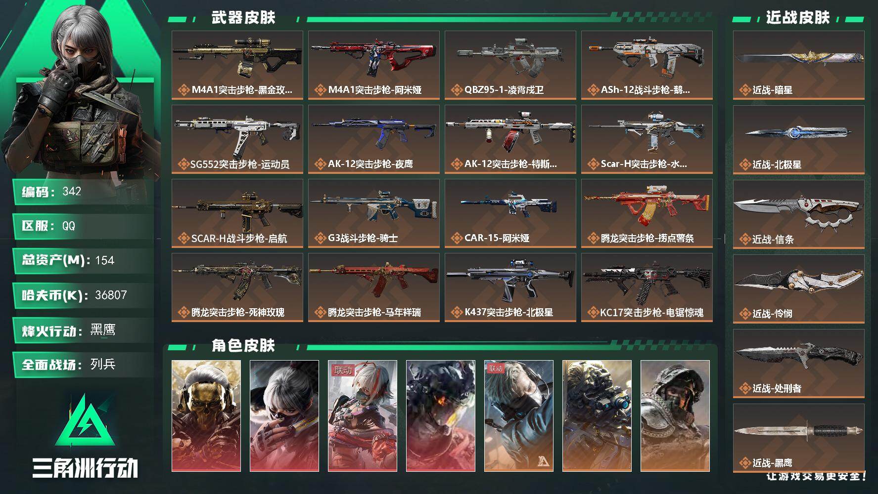 三角洲行动账号QQ【LX28568】【总资产：154.4m，流动资产：124.1m-4干员红皮：红狼，蚀金玫瑰，骇爪，