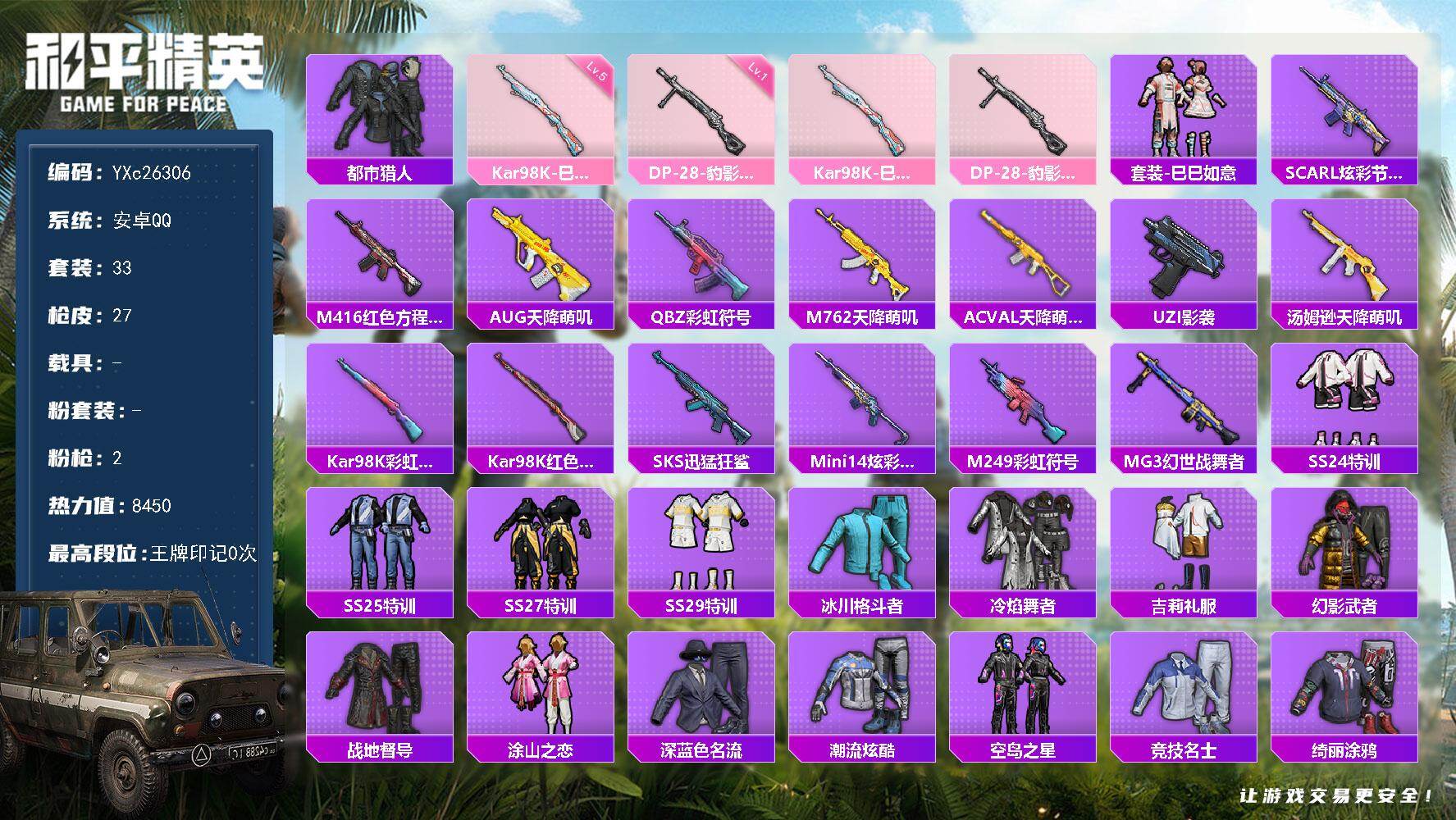 和平精英账号安卓QQ0载具-33套装-27枪皮-【都市 满地铁天赋】 YXc26306-【无二次协助处理】【因赛季更新游