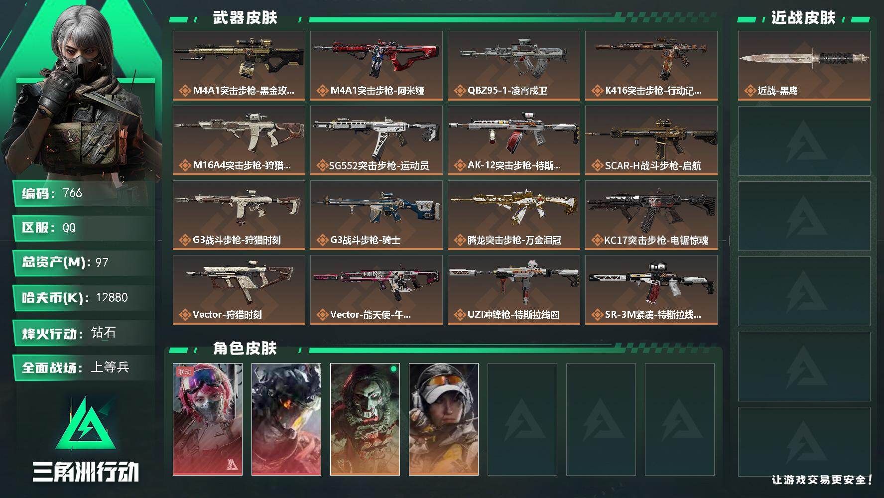 三角洲行动账号QQ97m总资产-12880k哈伏币-60烽火等级-钻石-21战场等级-上等兵,指挥中心3级+训练中心2