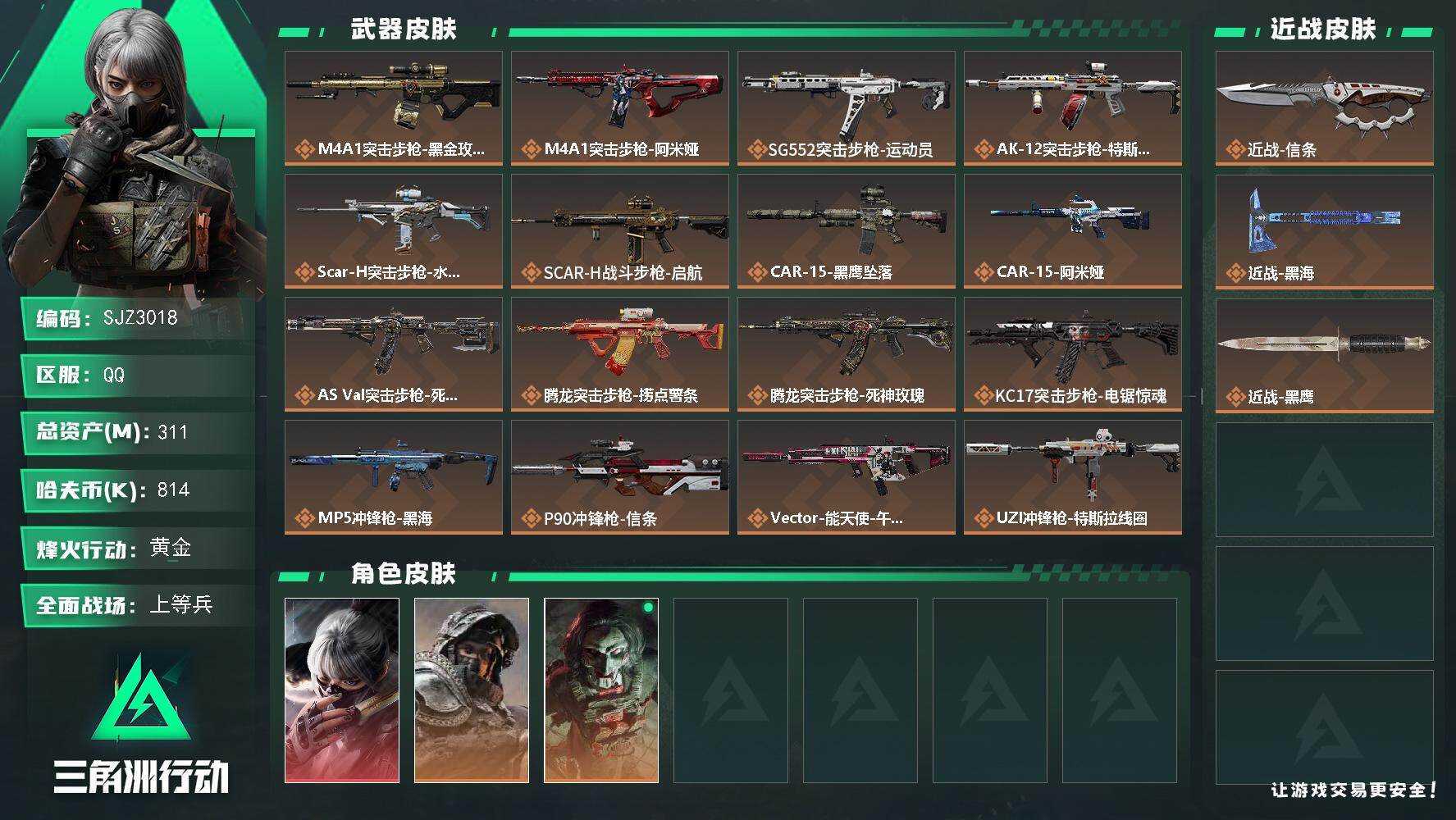 三角洲行动账号QQ【SJZ3018】总资产(M)：311M/哈夫币(K)：814K/哈夫币(K)：814K/全面战场等级：30_段位：上等兵/烽火地带等级：60_段位：黄金/骇爪-水墨云图/深蓝-不破誓约/红狼-电锯