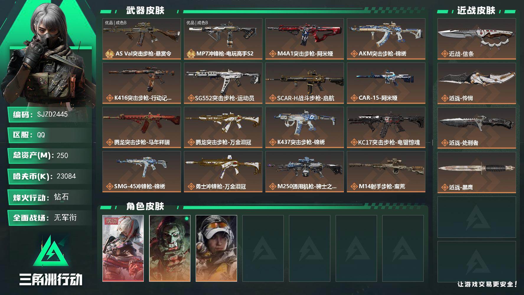三角洲行动账号QQ【SJZD2445】总资产(M)：250M/哈夫币(K)：23084K/哈夫币(K)：23084K/传说枪皮数：23/全面战场等级：1_段位：无段位/烽火地带等级：60_段位：钻石/骇爪-维什戴尔/