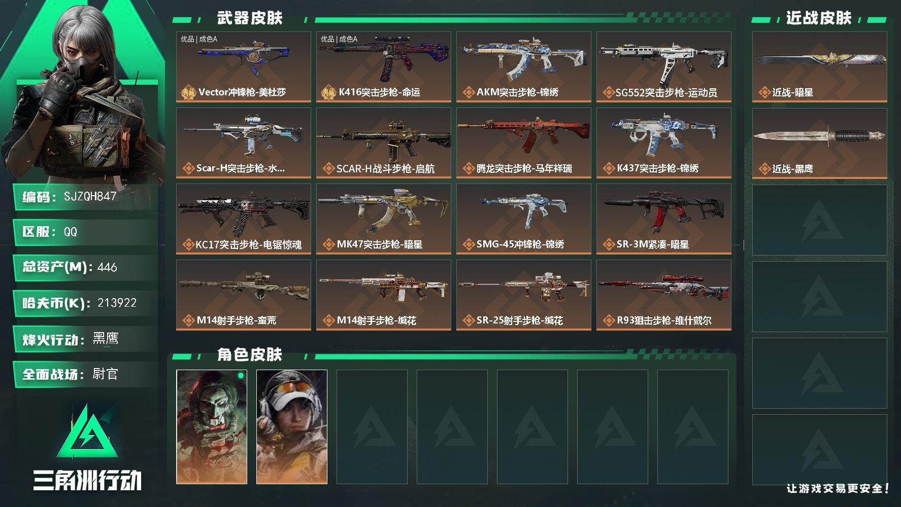 三角洲行动账号QQ【SJZQH847】总资产(M)：446M/哈夫币(K)：213922K/哈夫币(K)：213922K/传说枪皮数：18/全面战场等级：31_段位：尉官/烽火地带等级：60_段位：黑鹰/红狼-电锯惊