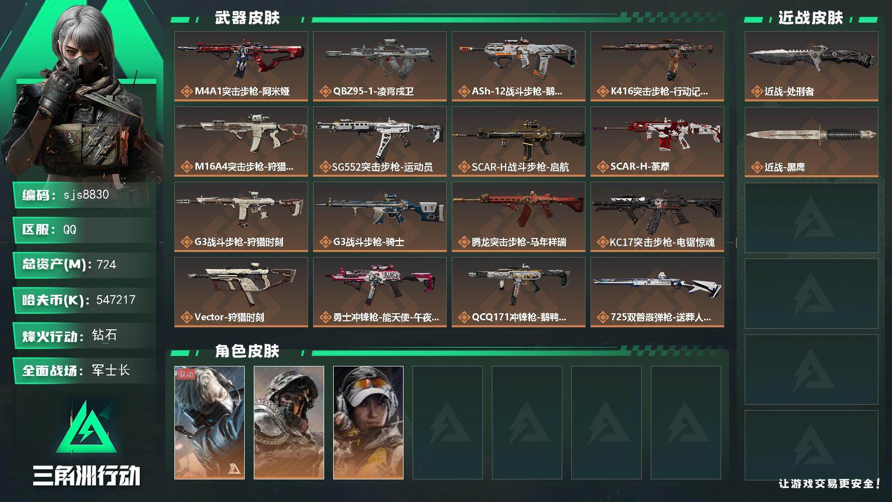 三角洲行动账号QQ【sjs8830】总资产724m 现金546m 可秒改二次 烽火地带段位: 钻石 全面战场段位: 军