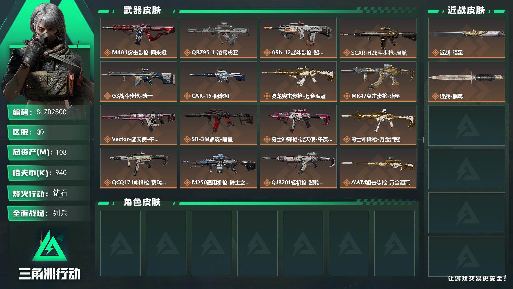 三角洲行动账号QQ【SJZD2500】总资产(M)：108M/哈夫币(K)：940K/哈夫币(K)：940K/传说枪皮