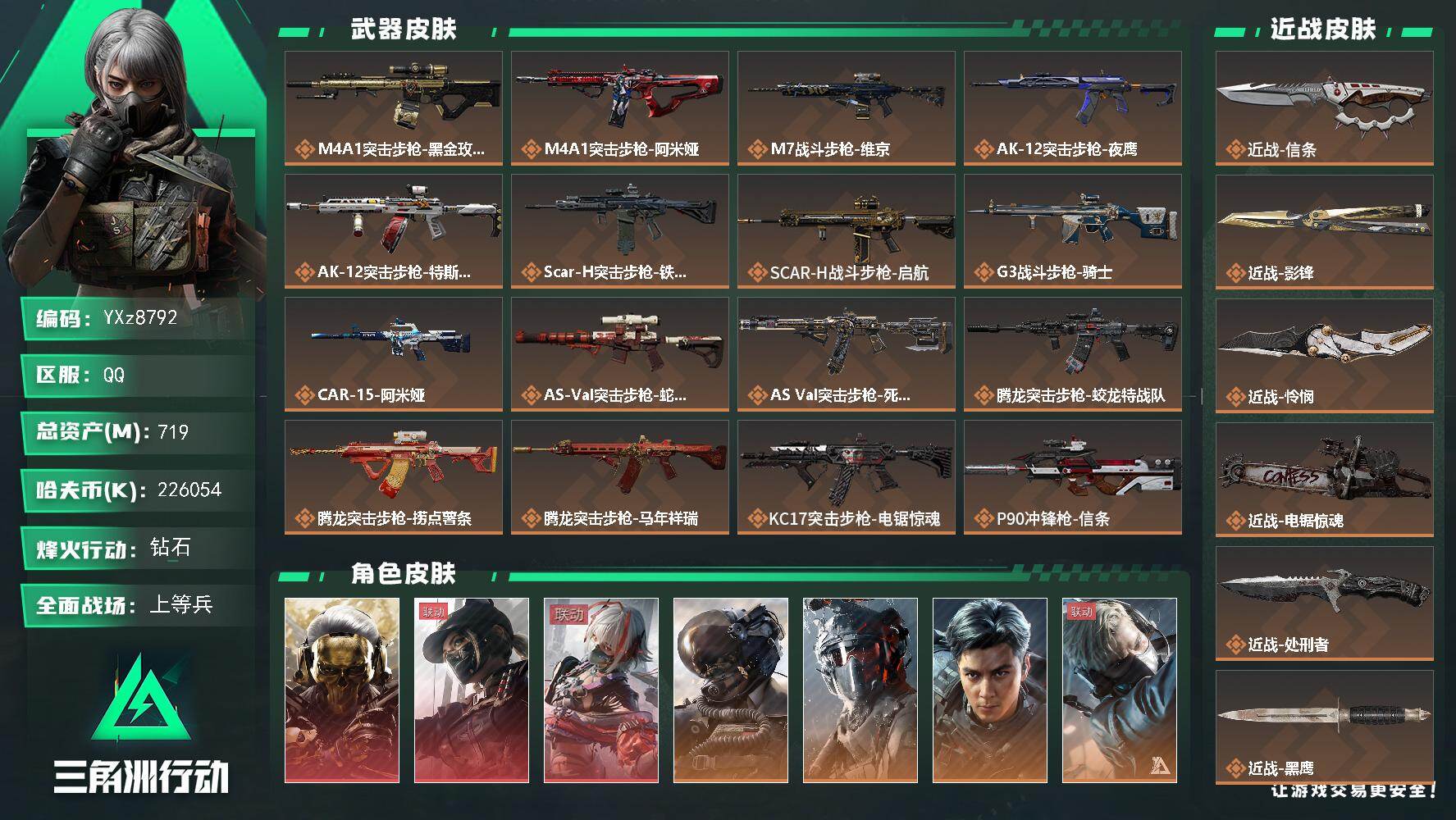 三角洲行动账号QQ【高氪金土豪号-三红皮+五刀皮+蛟龙+飞虎】【Q区三端互通】【可二次】YXz8792-特勤处：仓库1