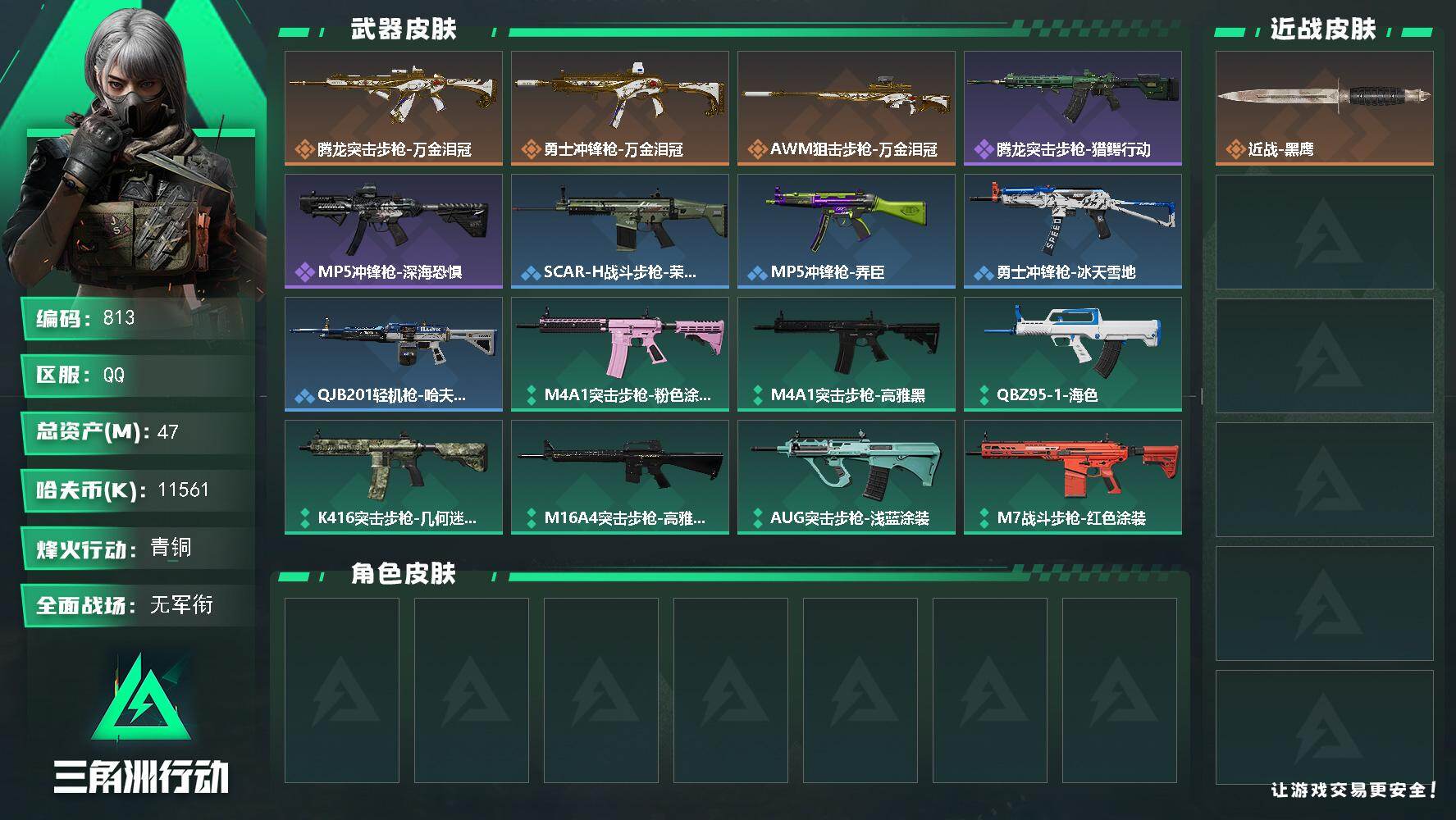 三角洲行动账号QQ47m总资产-11561k哈伏币-25烽火等级-青铜-1战场等级-无军衔
【近战皮肤】：近战-黑鹰
