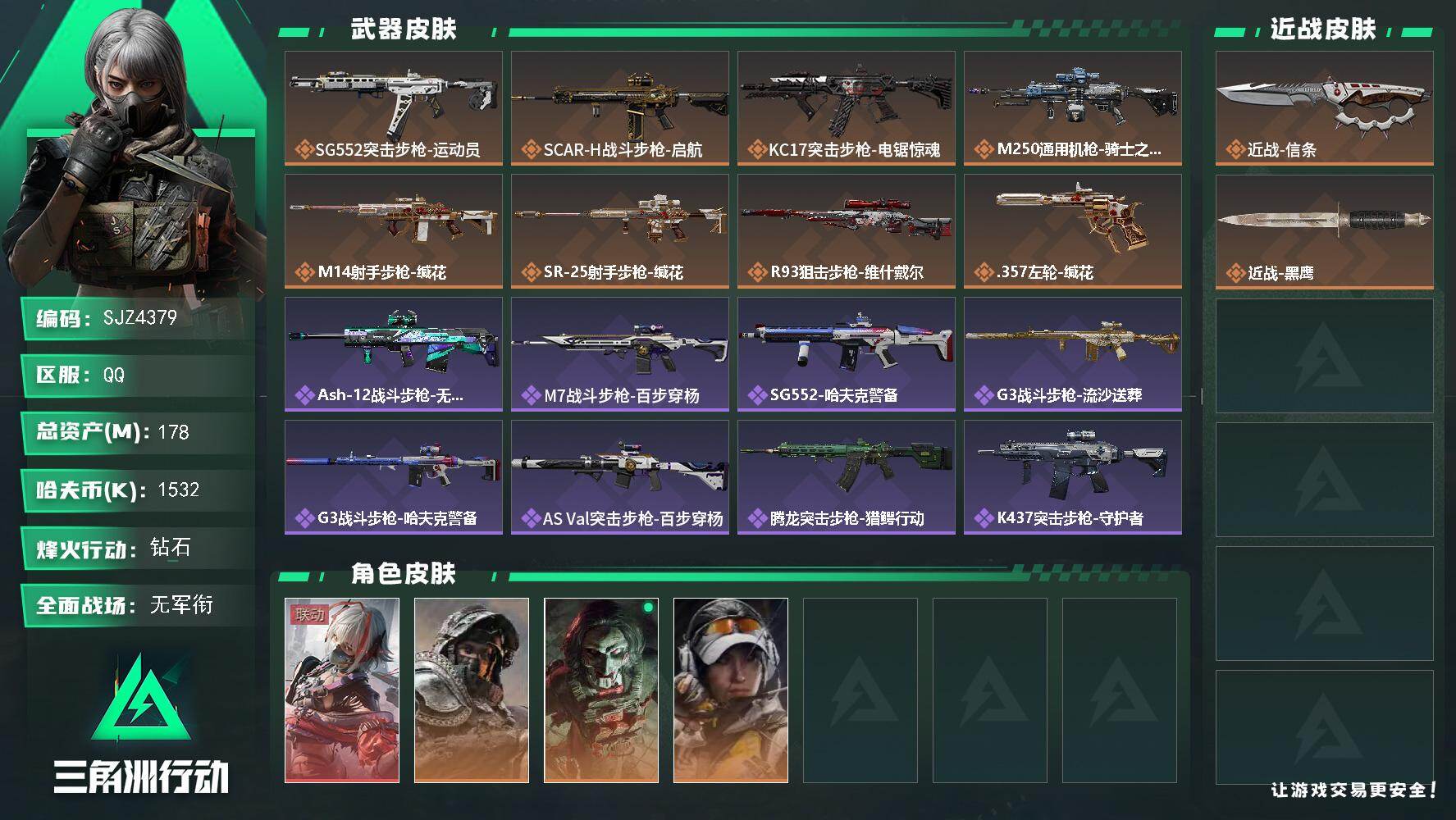三角洲行动账号QQ【SJZ4379】总资产(M)：178M/哈夫币(K)：1532K/哈夫币(K)：1532K/传说枪