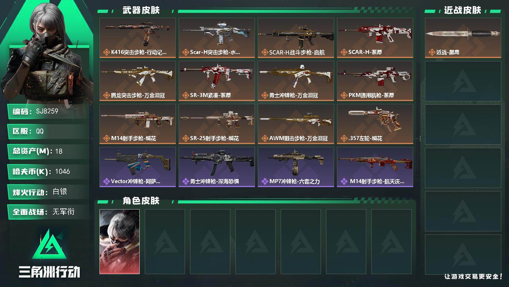 三角洲行动账号QQ【SJ8259】总资产(M)：18M/哈夫币(K)：1046K/哈夫币(K)：1046K/传说枪皮数