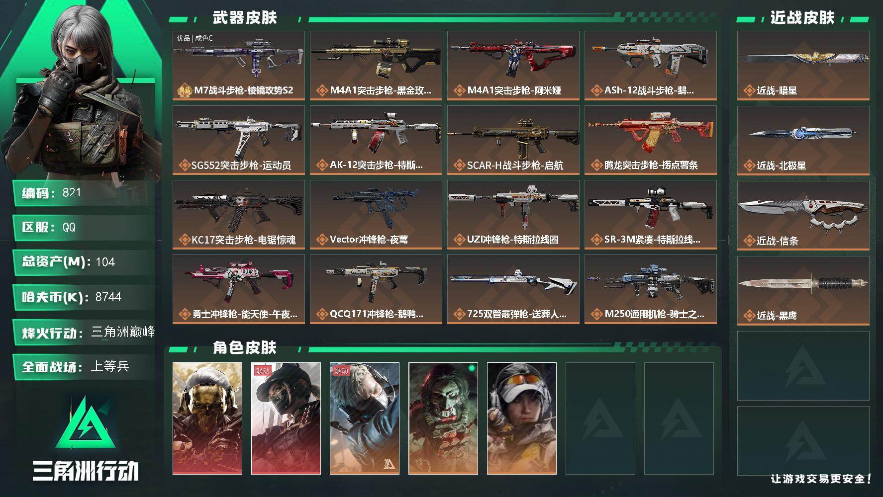 三角洲行动账号QQ104m总资产-8744k哈伏币-60烽火等级-三角洲巅峰-28战场等级-上等兵，awm子弹：58发