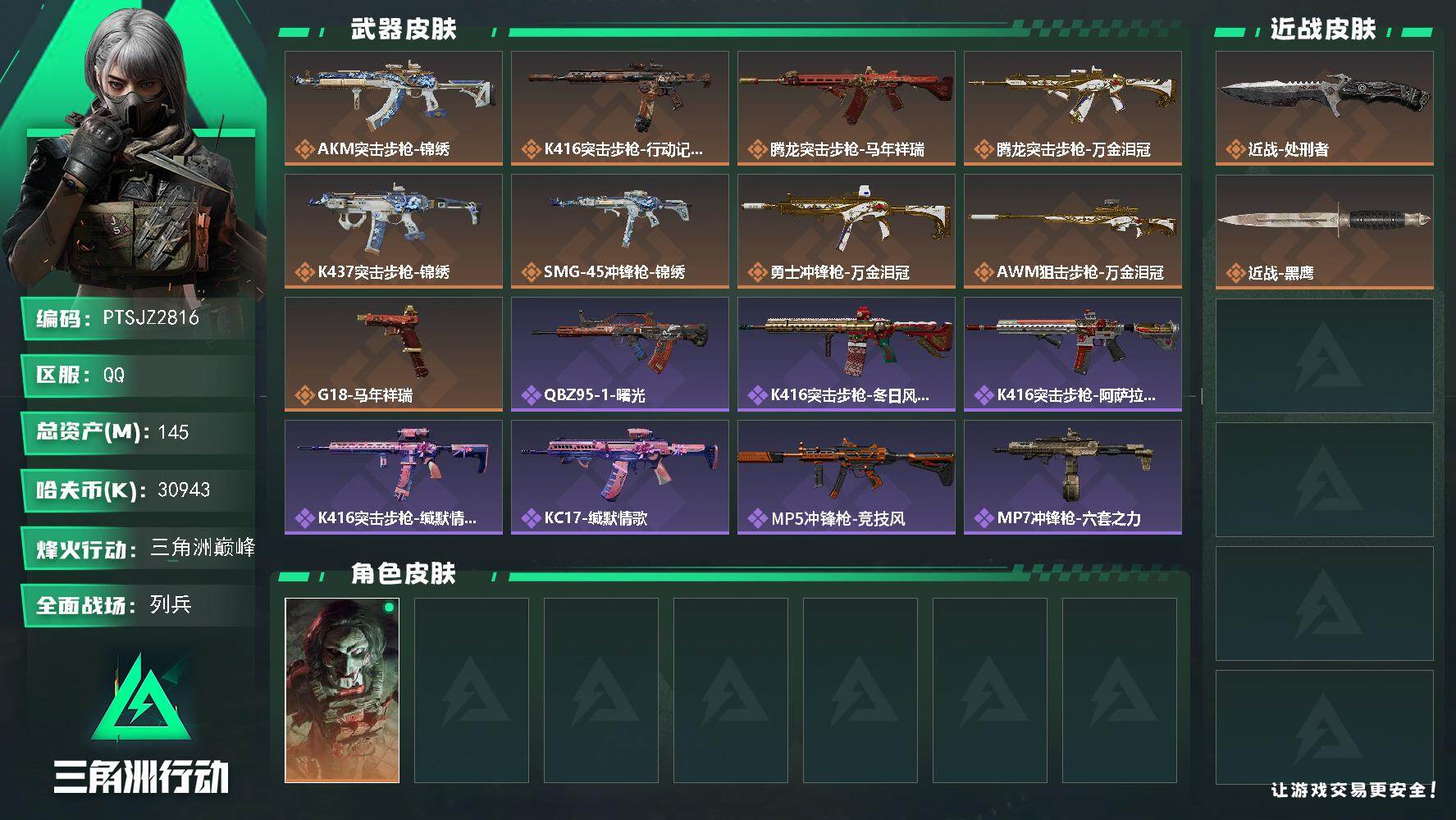 三角洲行动账号QQ【PTSJZ2816】总资产(M)：145M/哈夫币(K)：30943K/哈夫币(K)：30943K