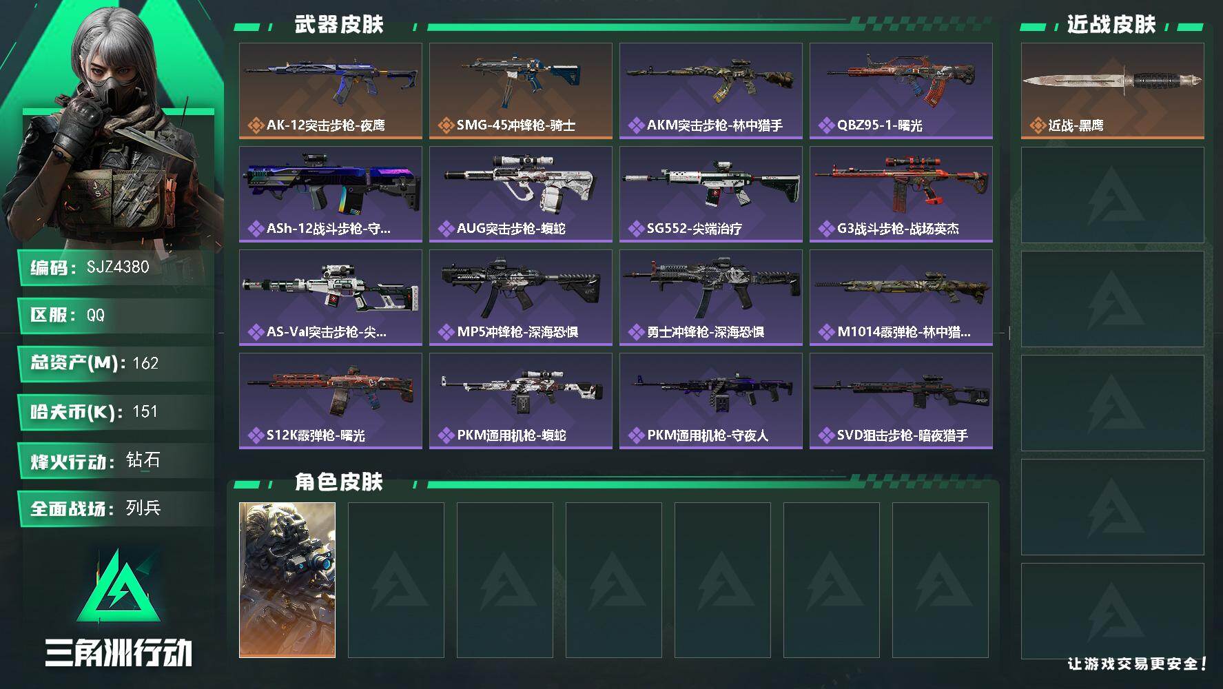 三角洲行动账号QQ【SJZ4380】总资产(M)：162M/哈夫币(K)：151K/哈夫币(K)：151K/传说枪皮数