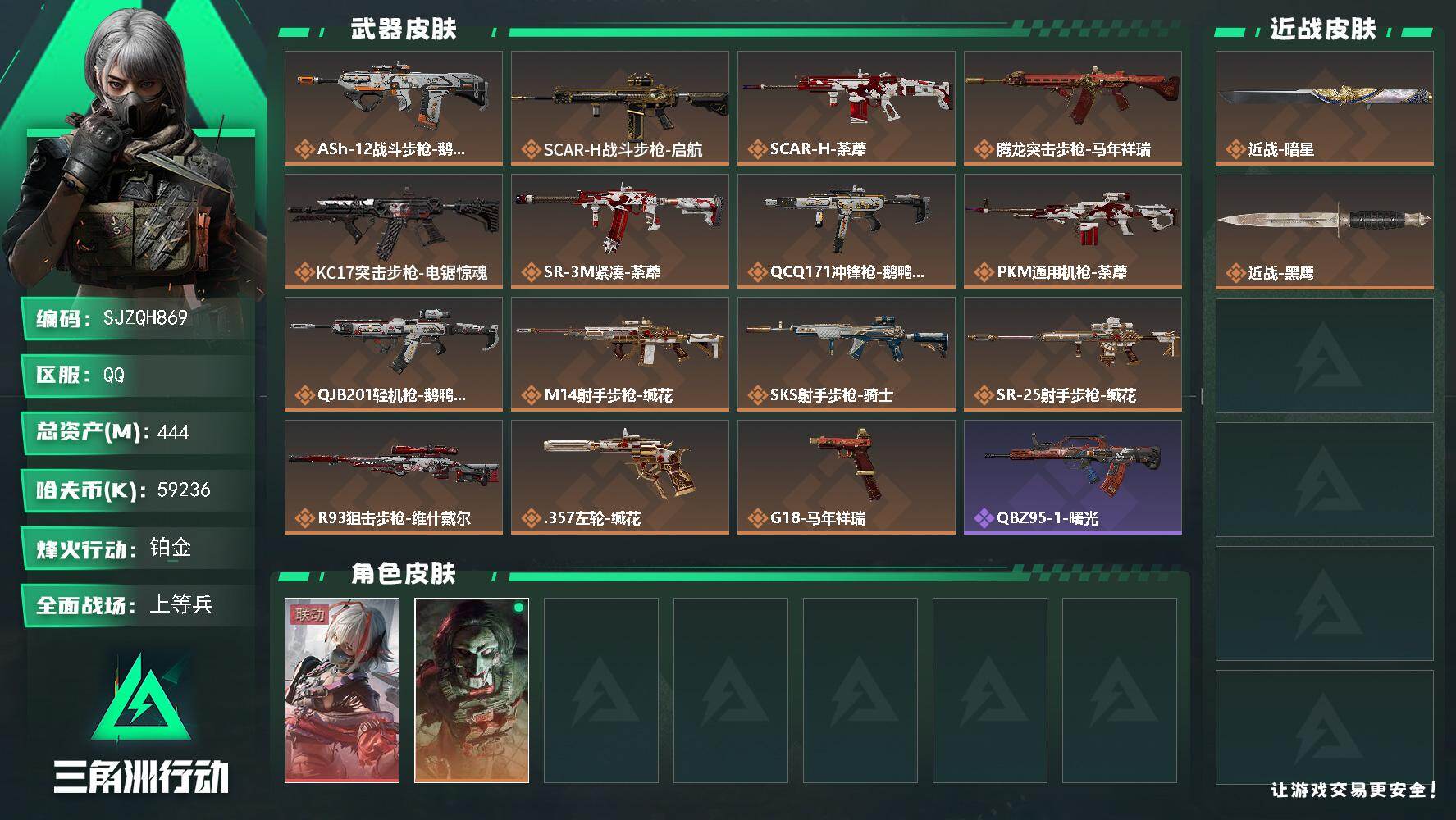 三角洲行动账号QQ【SJZQH869】总资产(M)：444M/哈夫币(K)：59236K/哈夫币(K)：59236K/传说枪皮数：15/全面战场等级：18_段位：上等兵/烽火地带等级：60_段位：铂金/骇爪-维什戴尔