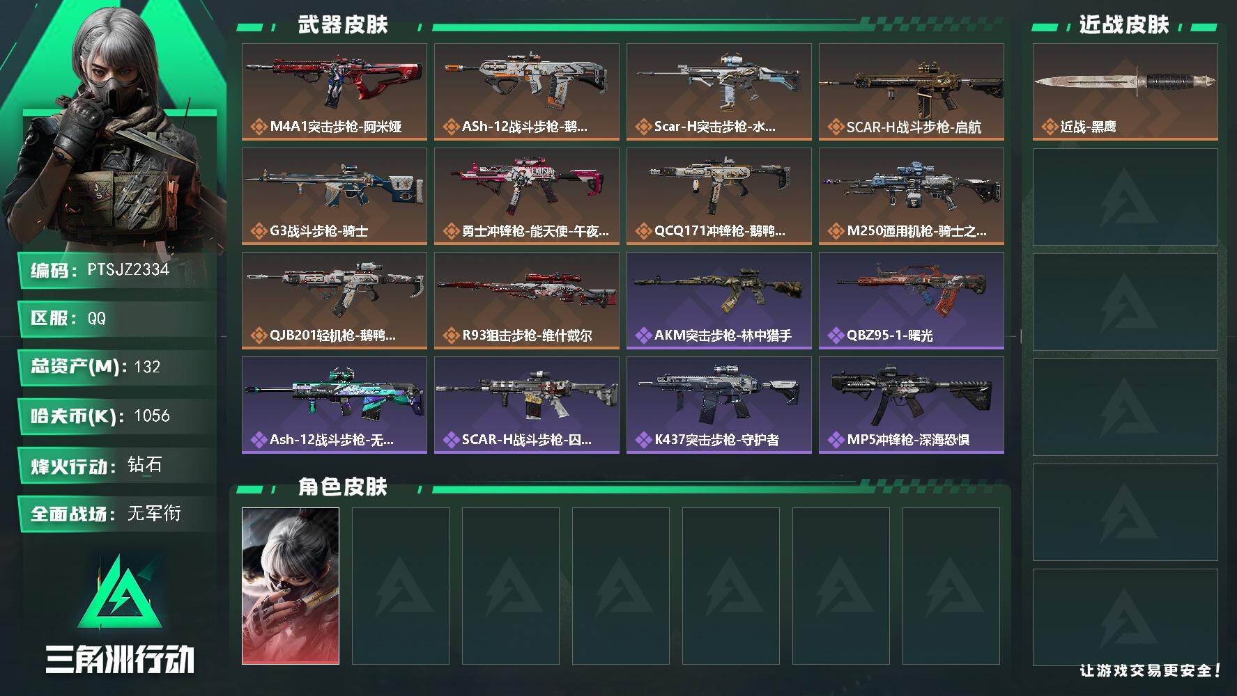 三角洲行动账号QQ【PTSJZ2334】总资产(M)：132M/哈夫币(K)：1056K/哈夫币(K)：1056K/传