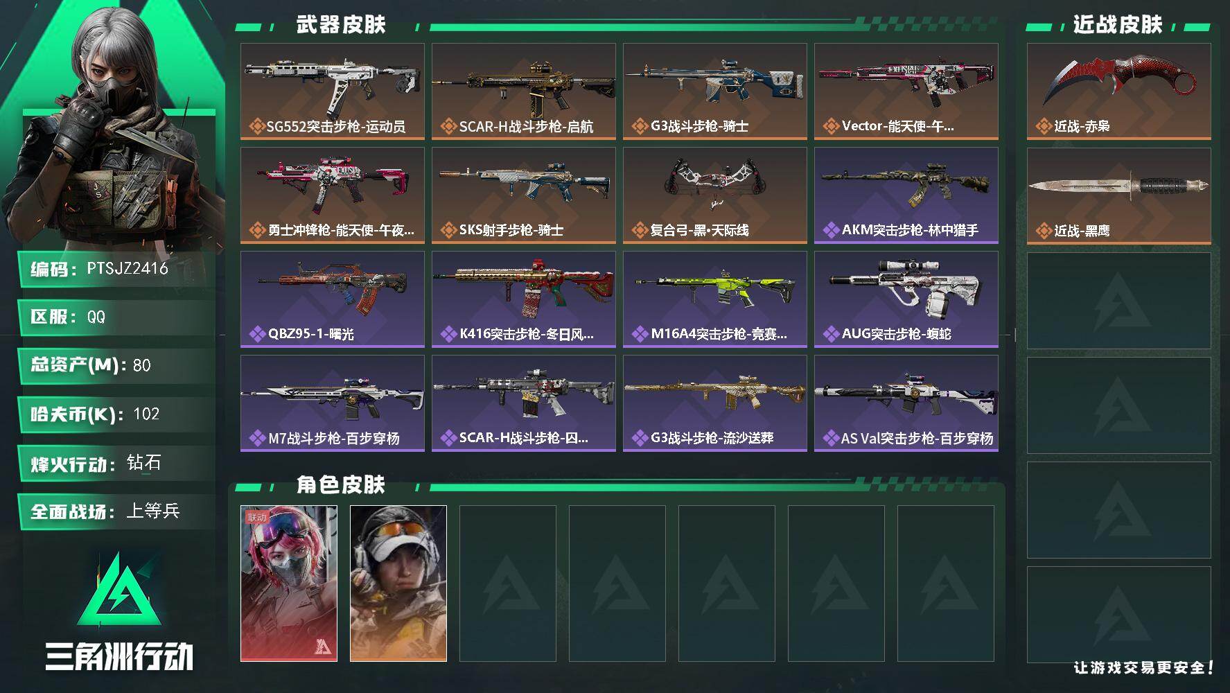 三角洲行动账号QQ【PTSJZ2416】总资产(M)：80M/哈夫币(K)：102K/哈夫币(K)：102K/传说枪皮
