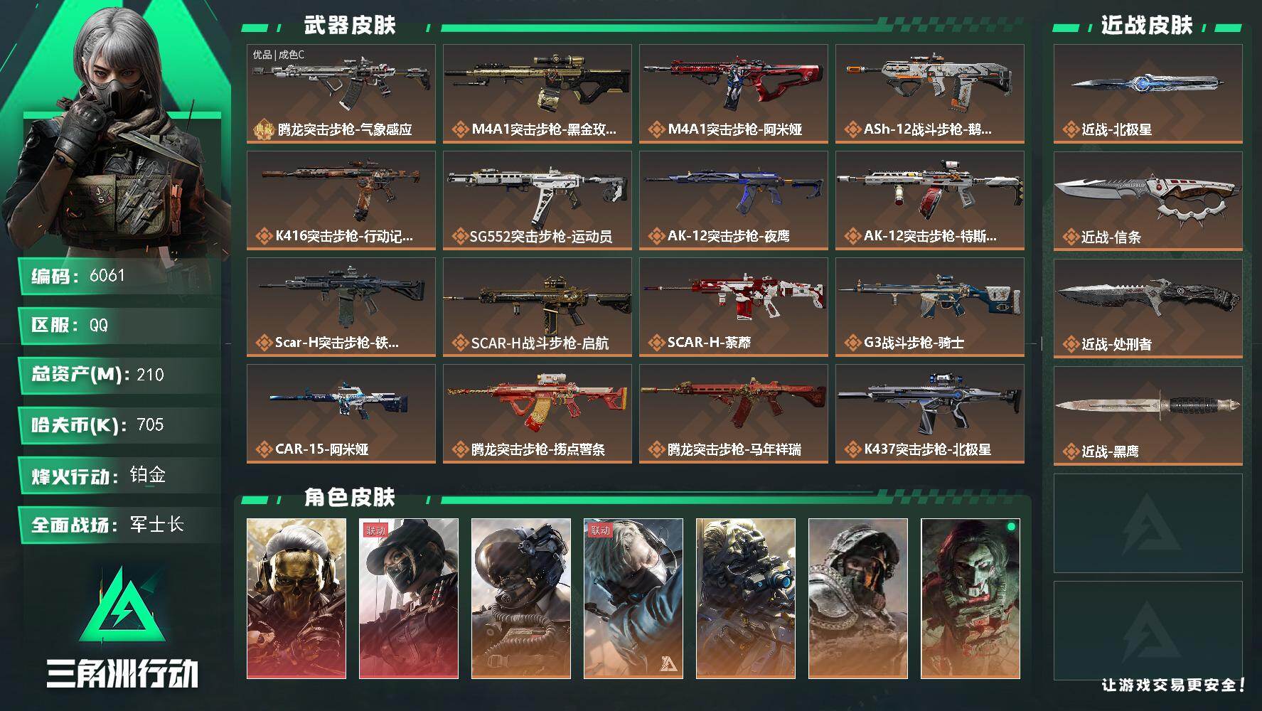 三角洲行动账号QQ总资产(M)：210M/哈夫币(K)：705K/哈夫币(K)：705K/传说枪皮数：36/全面战场等