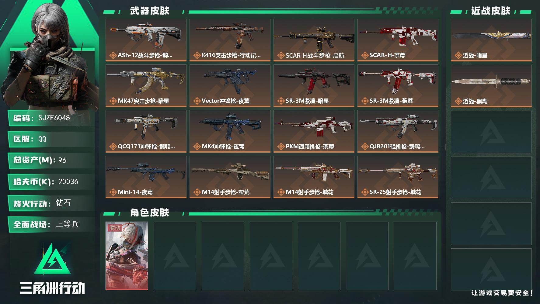 三角洲行动账号QQ【SJZF6048】总资产(M)：96M/哈夫币(K)：20036K/哈夫币(K)：20036K/传说枪皮数：18/全面战场等级：15_段位：上等兵/烽火地带等级：60_段位：钻石/骇爪-维什戴尔/