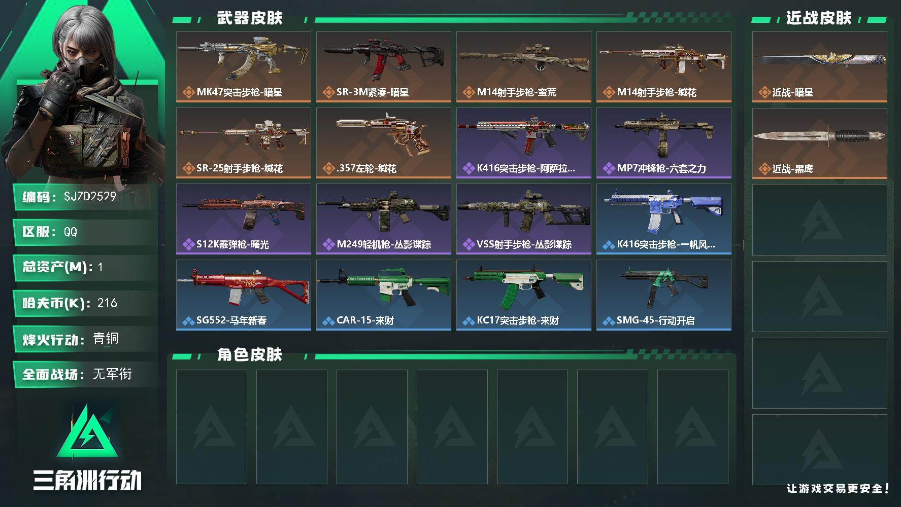 三角洲行动账号QQ【SJZD2529】总资产(M)：1M/哈夫币(K)：216K/哈夫币(K)：216K/传说枪皮数：6/全面战场等级：5_段位：无段位/烽火地带等级：34_段位：青铜/近战-暗星/近战-黑鹰/MK4