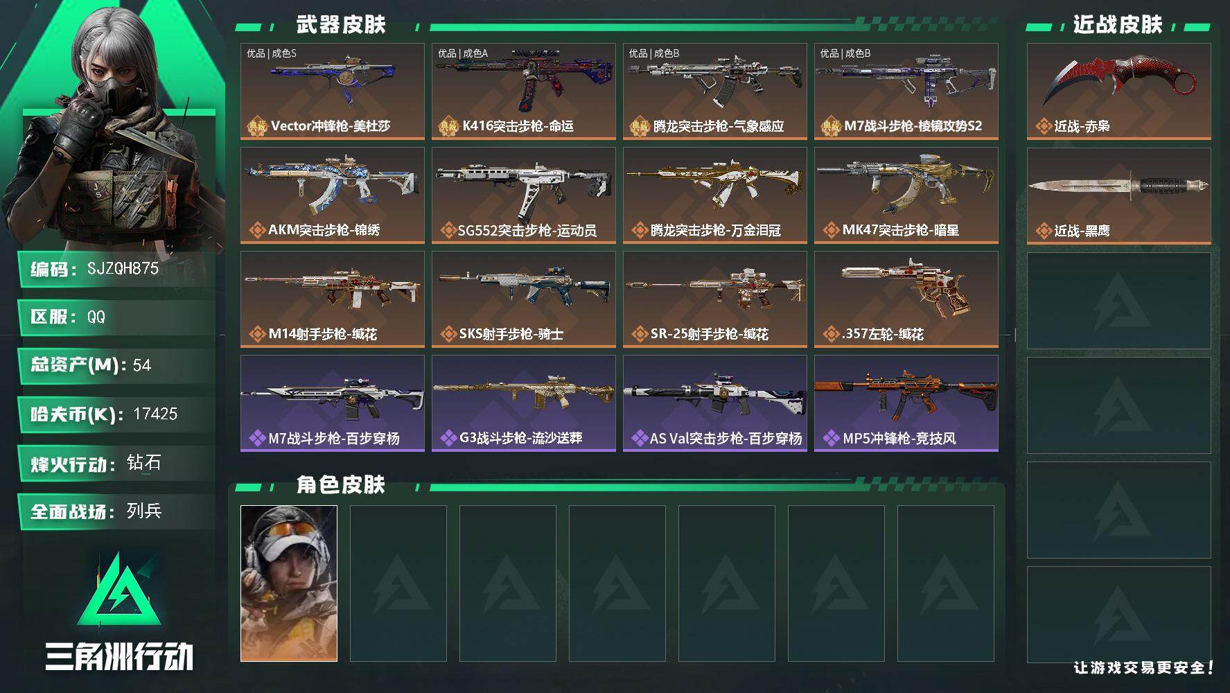 三角洲行动账号QQ【SJZQH875】总资产(M)：54M/哈夫币(K)：17425K/哈夫币(K)：17425K/传说枪皮数：12/全面战场等级：7_段位：列兵/烽火地带等级：45_段位：钻石/露娜-金牌射手/近战