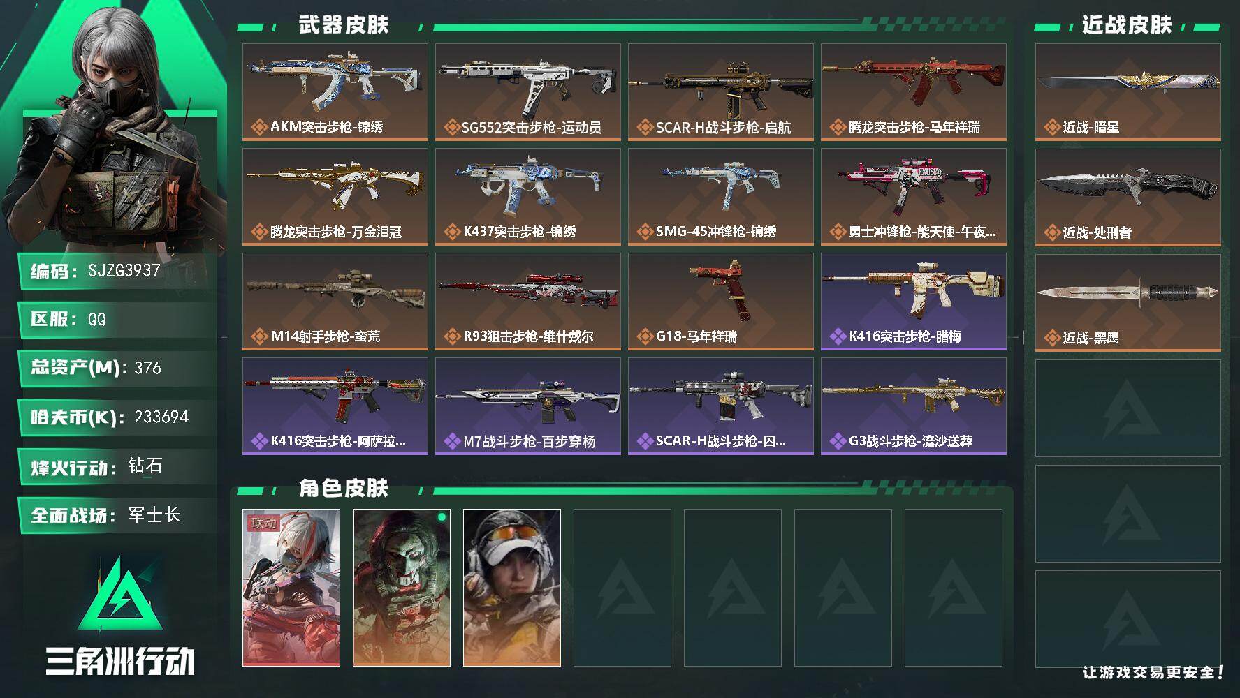 三角洲行动账号QQ【SJZG3937】总资产(M)：376M/哈夫币(K)：233694K/哈夫币(K)：233694K/传说枪皮数：11/全面战场等级：41_段位：军士长/烽火地带等级：60_段位：钻石/骇爪-维什