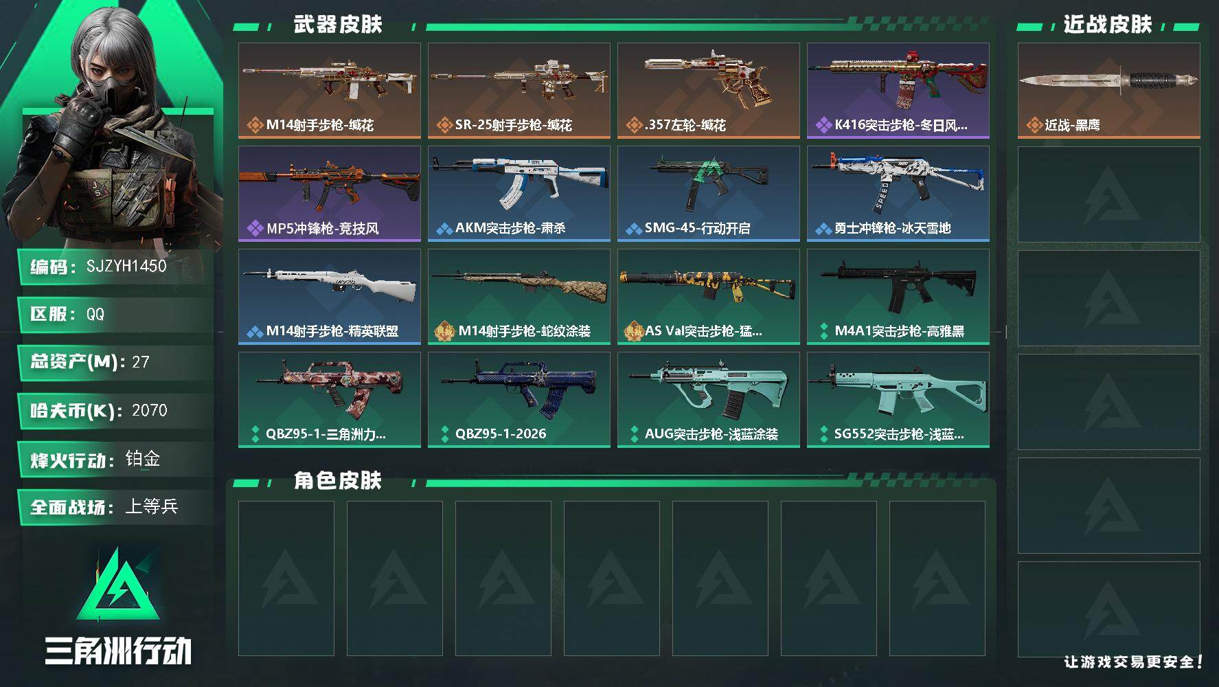 三角洲行动账号QQ【SJZYH1450】总资产(M)：27M/哈夫币(K)：2070K/哈夫币(K)：2070K/传说枪皮数：3/全面战场等级：20_段位：上等兵/烽火地带等级：60_段位：铂金/近战-黑鹰/M14射