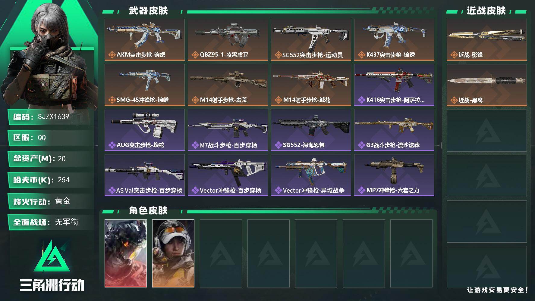 三角洲行动账号QQ【SJZX1639】总资产(M)：20M/哈夫币(K)：254K/哈夫币(K)：254K/传说枪皮数：7/全面战场等级：1_段位：无段位/烽火地带等级：42_段位：黄金/威龙-凌霄戍卫/露娜-金牌射